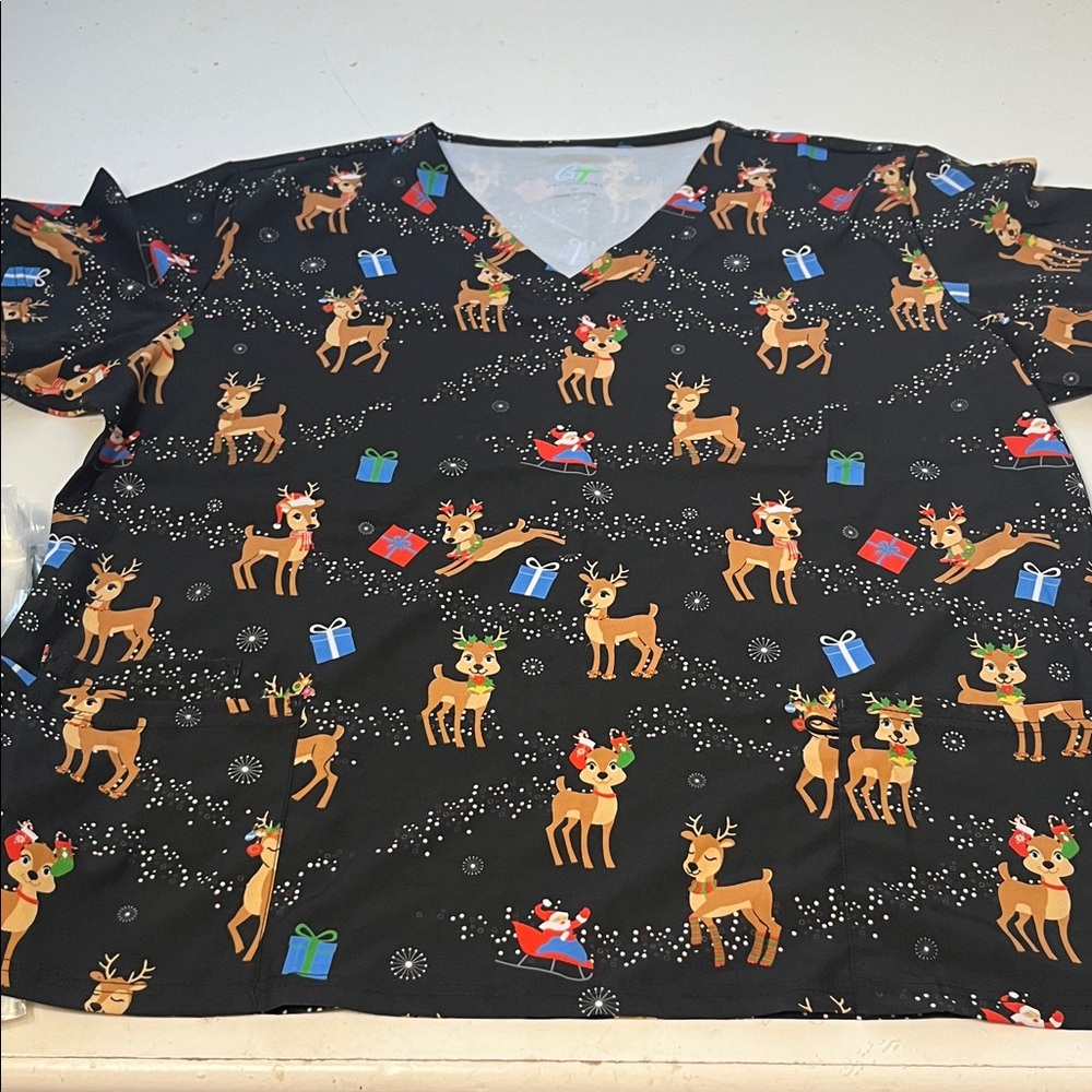 GT Performance 2X Short Sleeve Black Reindeer Christmas V Neck Scrub Top